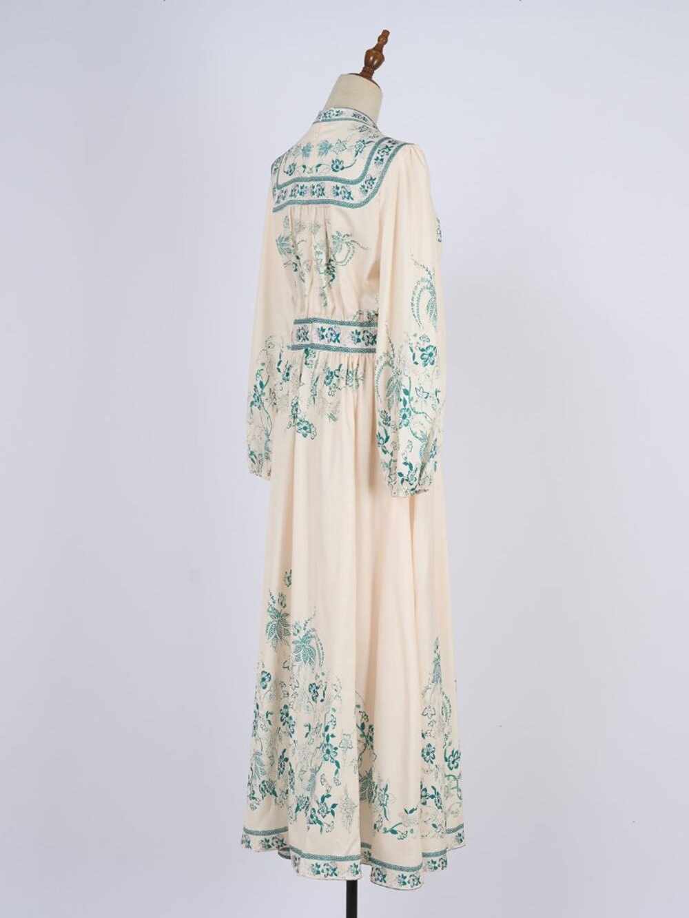 Vintage Cream & Teal Floral Bird Print Prairie Maxi Dress - Picture 5 of 14